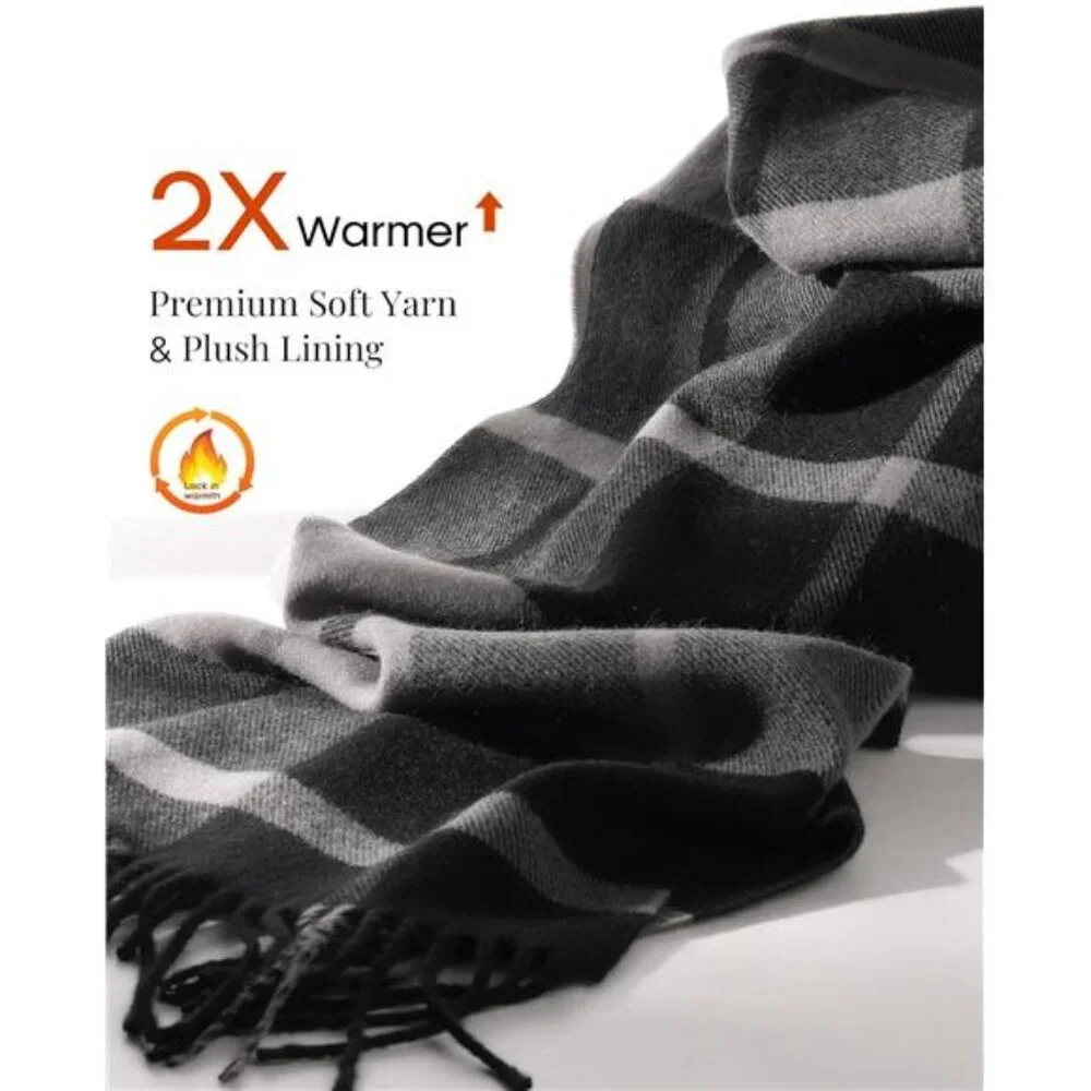 Men's Winter Scarf Long Soft Warm Scarves Plaid Tassel Scarf